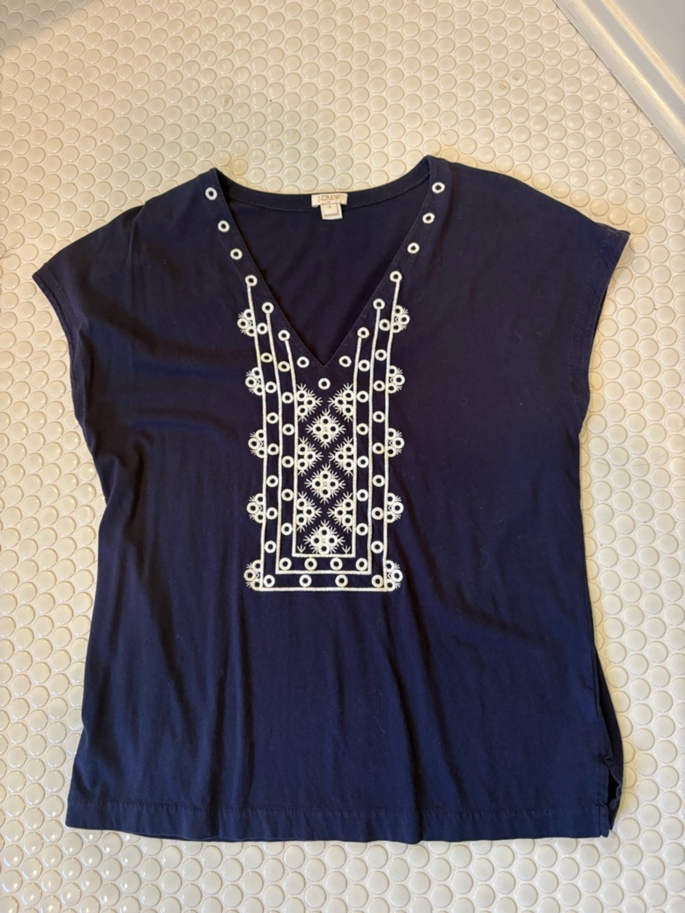 J. Crew Navy V-Neck Tunic with White Embroidery